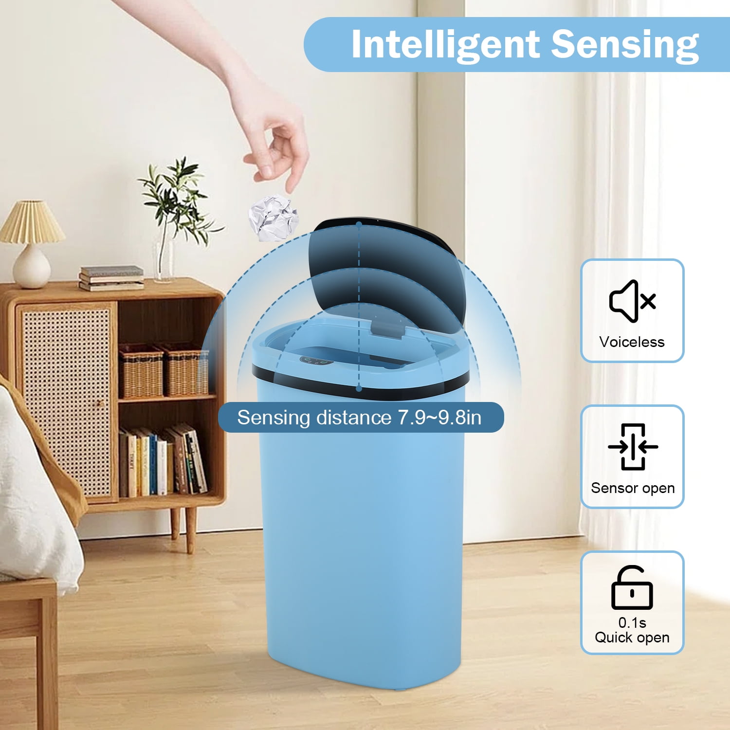 NiamVelo Kitchen Trash Can  with Lid, 13 Gallon Garbage Can Automatic Trash Can  for Bedroom Bathroom Home Office,Blue