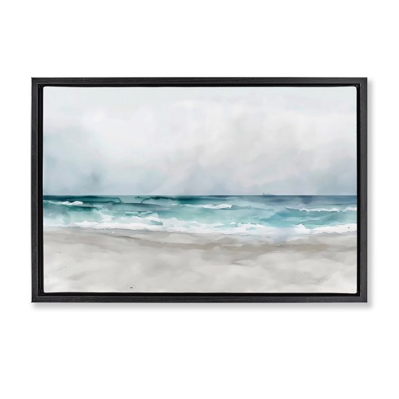 Stupell Industries Transitional Abstract Watercolor Aqua Beach Black Floating Frame Canvas Art, 25 x 17, by LSR Design Studio