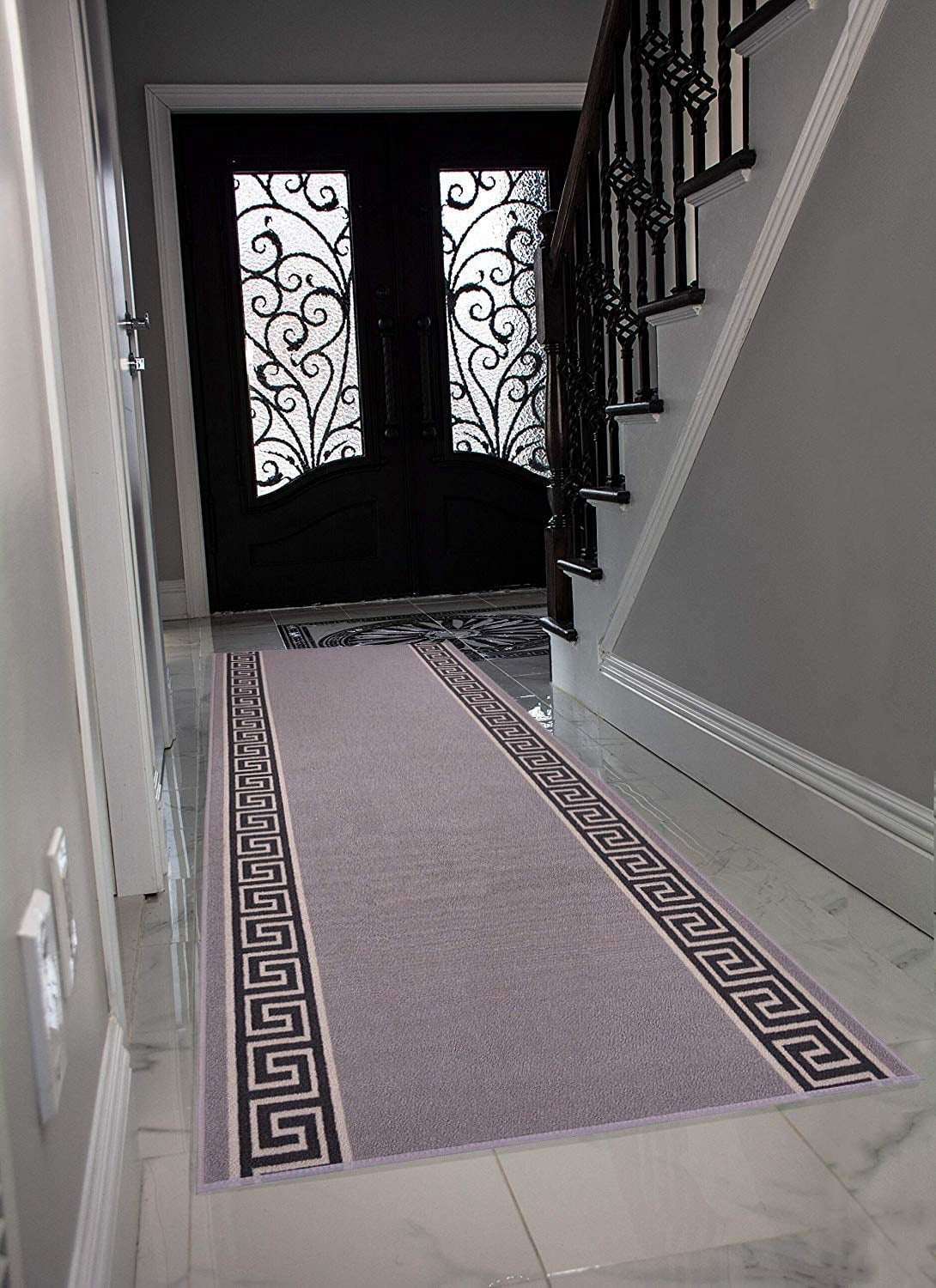 Custom Size Runner Rug Bordered Grey Color Greek Key Meander Design Roll Rug Runner Choice of Your&nbsp;Length by Feet&nbsp;Slip Resistant Latex Back Cut to Size Runner Rugs Customize in USA Facility
