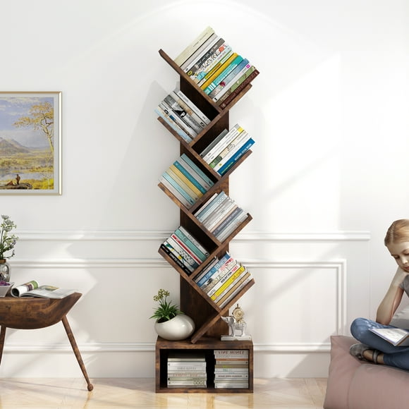 Librero en Forma de Árbol con Almacenaje, 8 Niveles, Estantería Alta de Madera para Niños y Adultos, Organizador Multifuncional