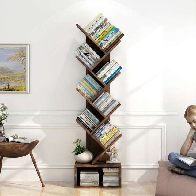 Librero en Forma de Árbol con Almacenaje, 8 Niveles, Estantería Alta de Madera para Niños y Adultos, Organizador Multifuncional