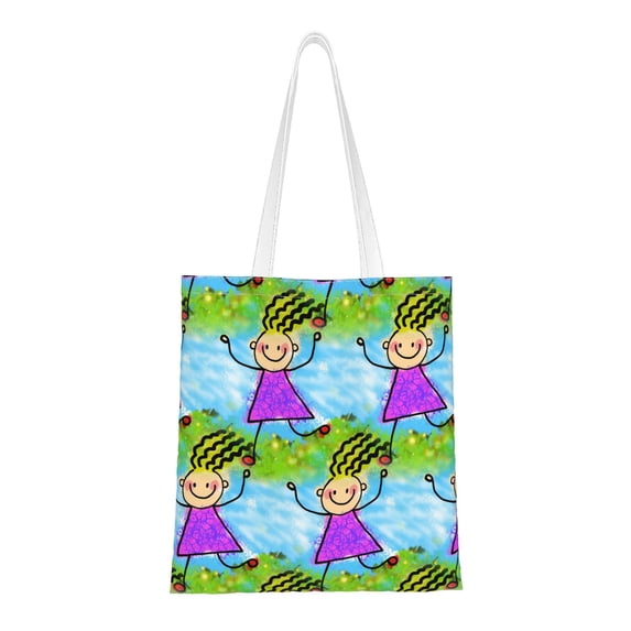 DouZhe Reusable Grocery Bags, Whimsical Doodle Smile Girl Lightweight Polyester Canvas Cloth Tote Bag for Travle Gym Shopping School, 15" x 16"