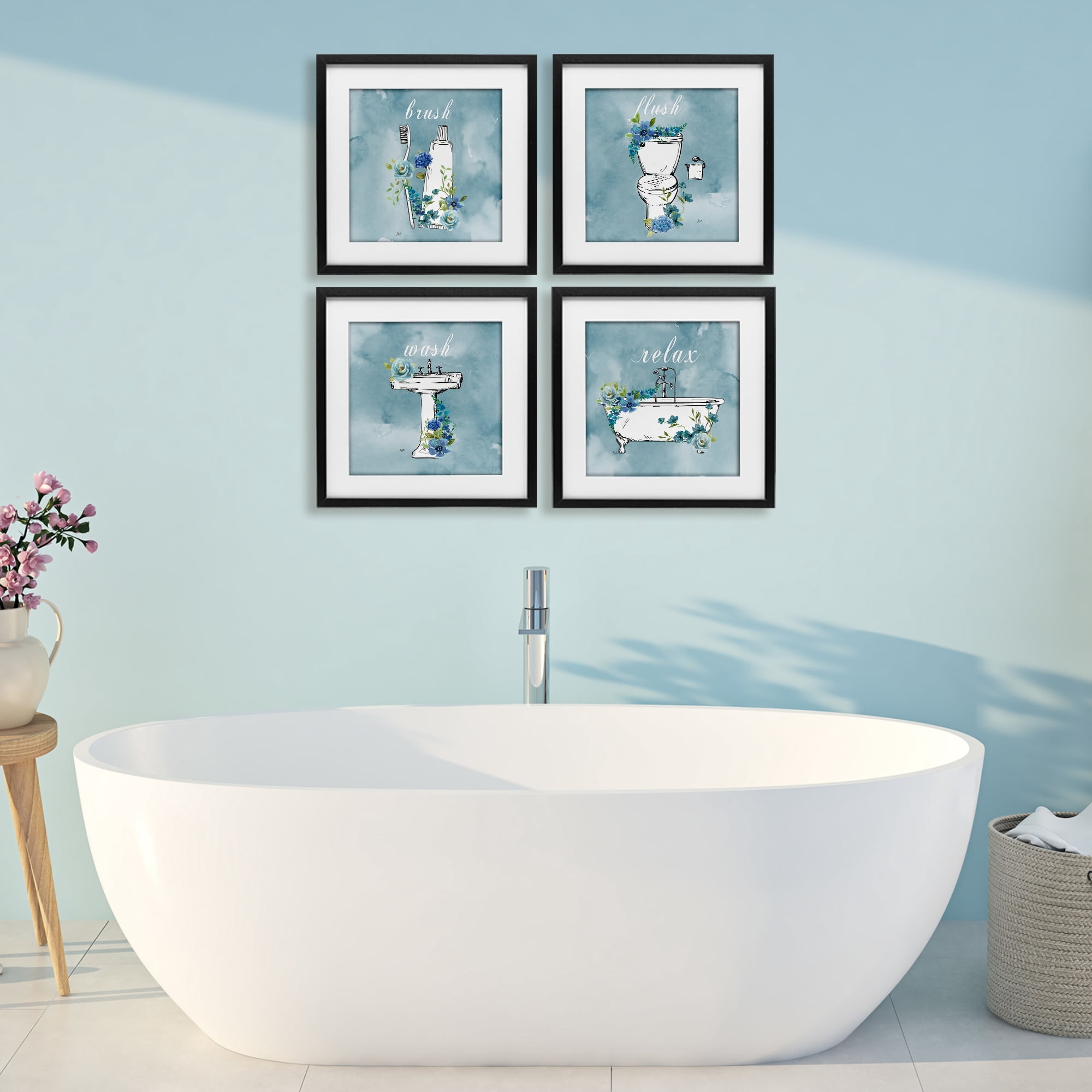 Stupell Industries Blue Floral Bathroom Rules 4 Piece Black Framed Print Under Glass Set, design by Nan