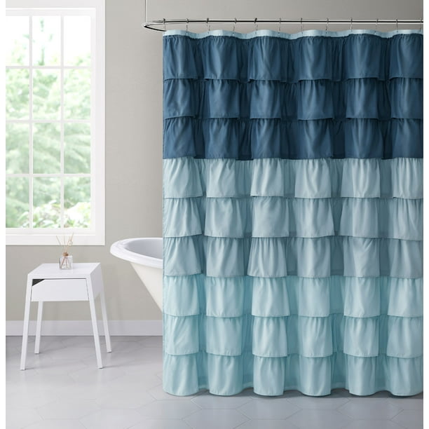 Shabby Ruffled Fabric Shower Curtain, Light Blue Ruffle Shower Curtains