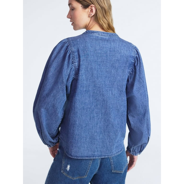 Scoop Women's Cotton Denim Shirt with Blouson Sleeves, Sizes
