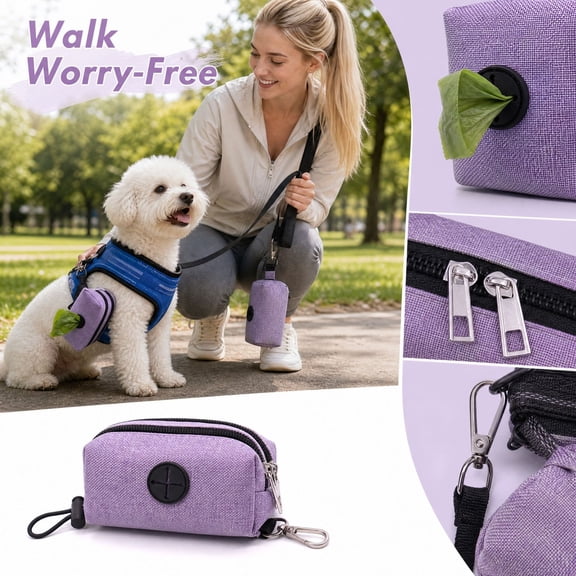 Purple Oxford Cloth Dog Poop Bag Dispenser Pouch Outdoor Walking Pet Waste Bag Holder with Clip and Zipper