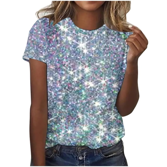 Liquidation! Uooqdmx Hauts à Sequins pour Femmes, Chemises à Manches Courtes pour Femmes, Hauts Scintillants pour Femmes, T-Shirt Décontracté à Col Rond Imprimé à Sequins, Hauts de Printemps pour Femmes 2025, Argent 1 TTG