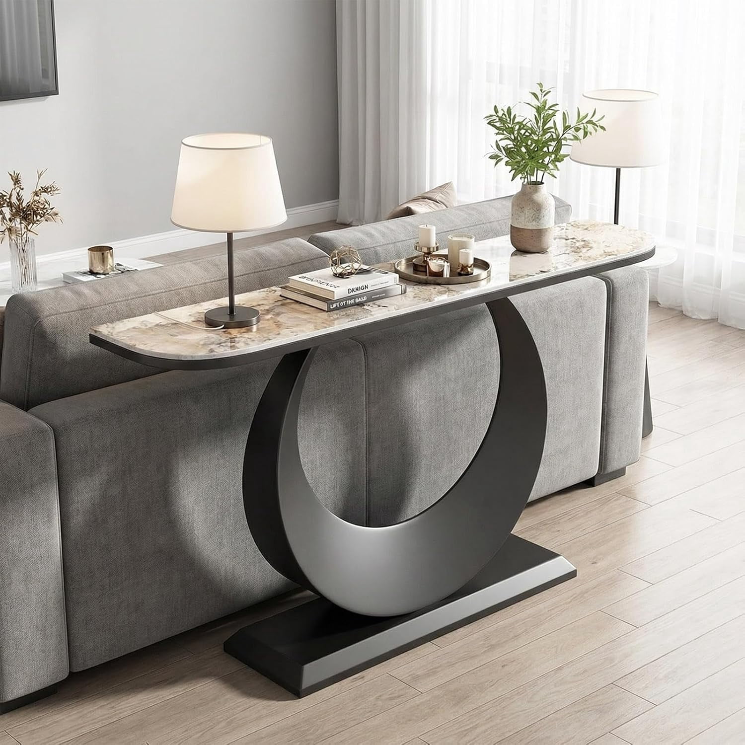 Modern Faux Marble Console Table Luxury Entryway Table with Sculptural Metal Base, Narrow Sofa Table Behind Couch for Living Room, Hallway, Foyer