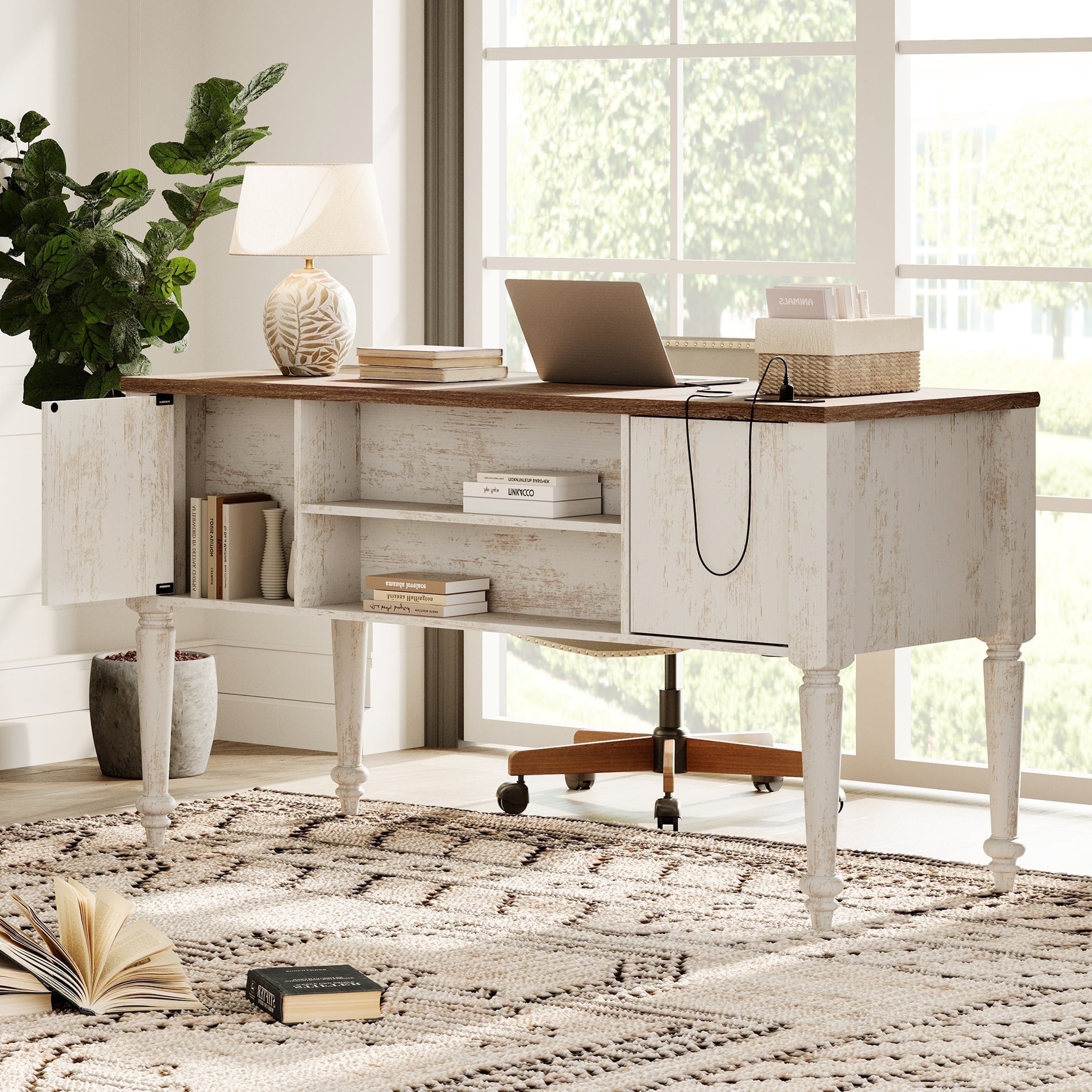 WAMAPT Farmhouse Executive Desk with 5 Drawers, Home Office Desk with Charging Station, Wooden Computer Desk with File Cabinet Storage, Door, Open Shelf for Work and Study, Rustic White, 55 inch
