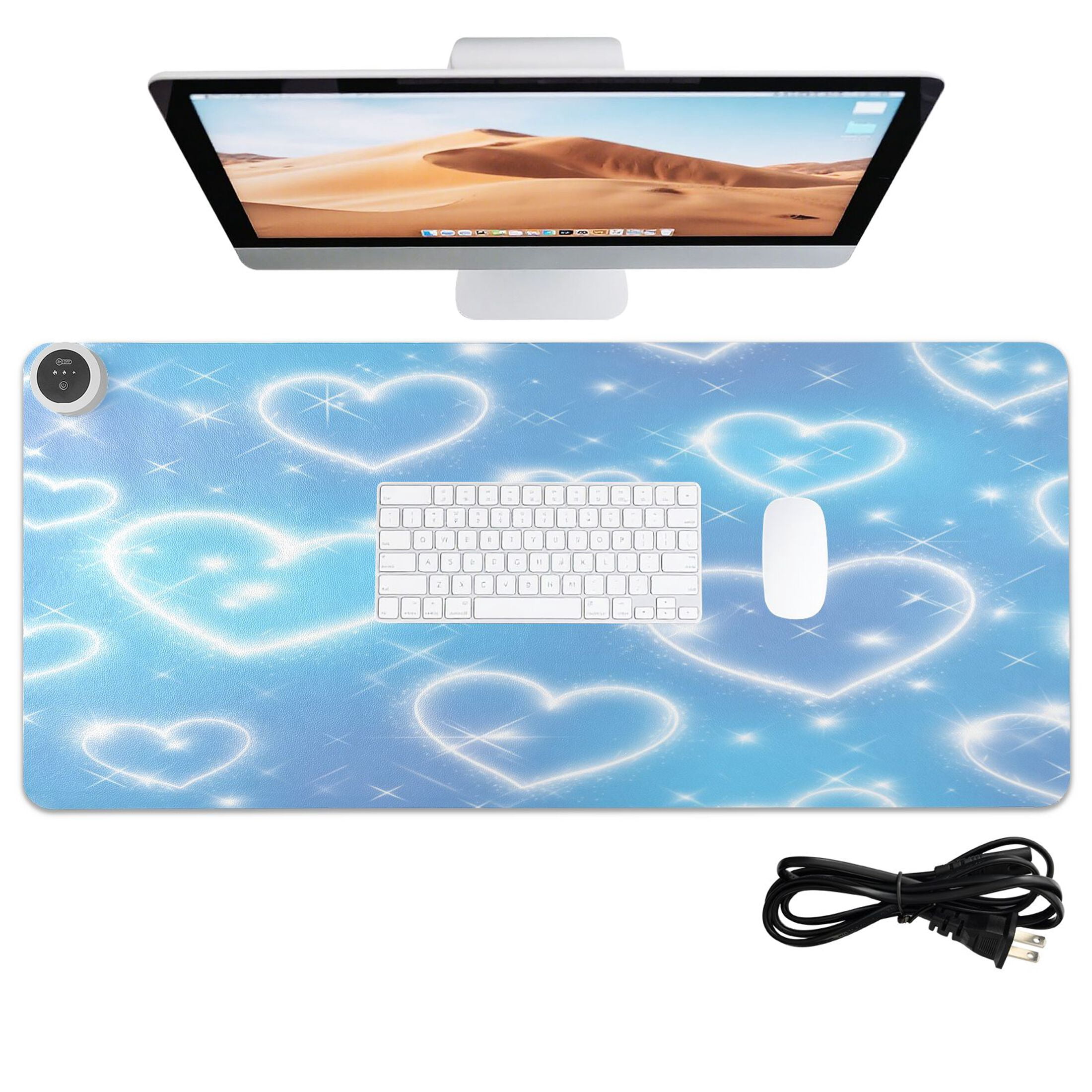 Large Heated Desk Mat Mouse Pad 31.5"x13"PU Leather Graphene Heating Desk Warmer with 3 Temperature Settings 110V US Plug Non-Slip Warm Pad for Home, Office, and Gaming Blue Diamond Heart Shower