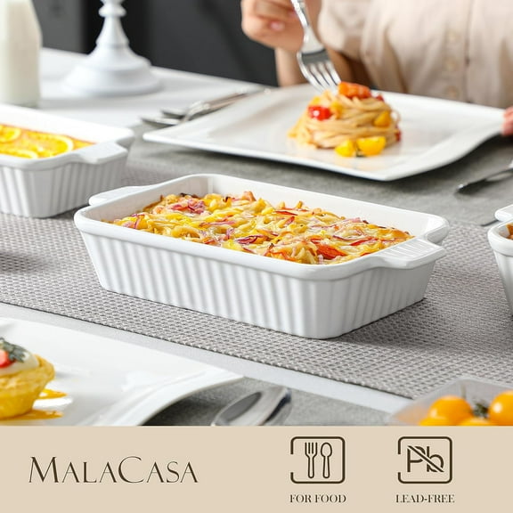 Ceramic Baking Dishes Set of 4 - White Rectangular Lasagna Pans with Handles for Oven, Microwave, and Dishwasher Safe