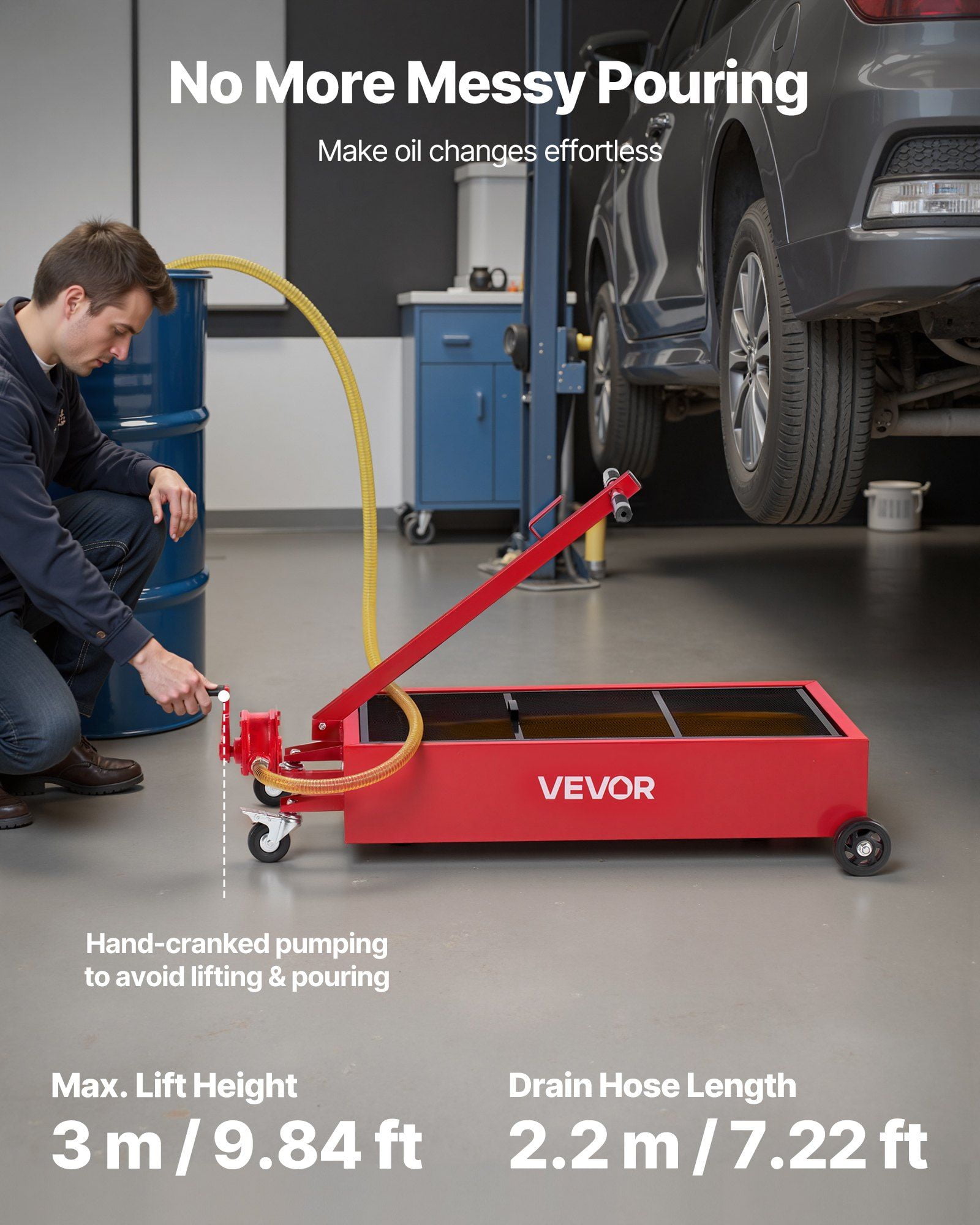 Low Profile Oil Drain Pan, 20 Gallon Capacity, Rolling Oil Drain Pan with Manual Pump, 7.2 ft Hose & T Folding Handle, Leak-proof & Corrosion-resistant, Fit for Cars, SUVs, Trucks, ATVs, Red