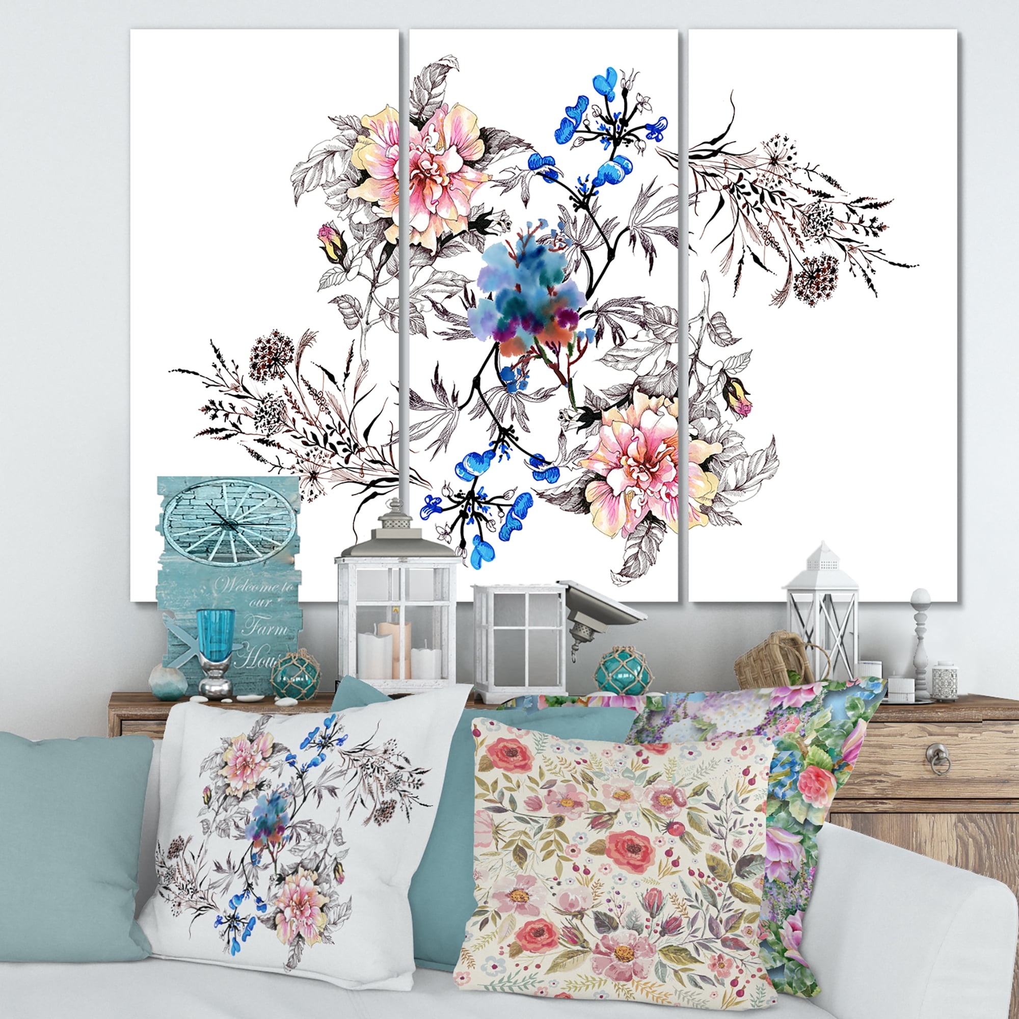Designart ' Pink and Blue Wildflowers ' Traditional Canvas Wall Art Print