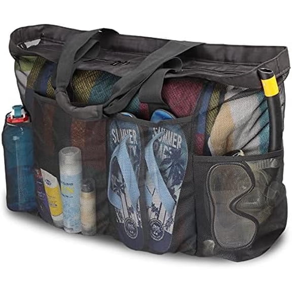 Extra Large Beach Bag Mesh Tote with Zipper and Pockets Ideal for Your Family Cruise/Beach Vacation Essentials
