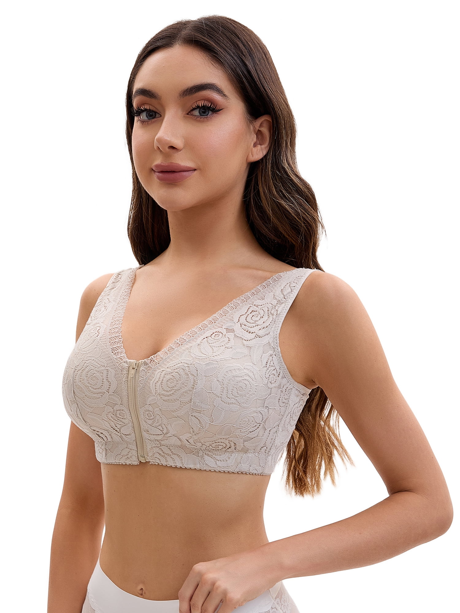 Unique Bargains Women's Lace Zip Front Closure Wirefree Wide Straps Bras D 48 Green