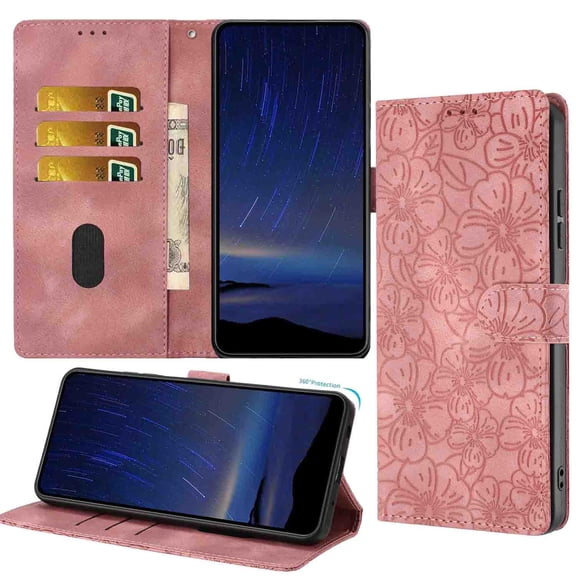 Wallet Case for Samsung Galaxy A42 5G, Embossed PU Leather Magnetic Clasp Flip Purse Case with Credit Card Holder & Cash Slot & Stand, Flower Pattern Cover for Samsung Galaxy A42 5G, Pink