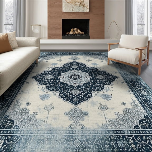 ODIKA 6'x9' Washable Area Rug Abstract Contemporary Medallion Distressed Scroll Border Design for Family Room, Living Room, Master Bedroom, Non-Slip, Easy Care