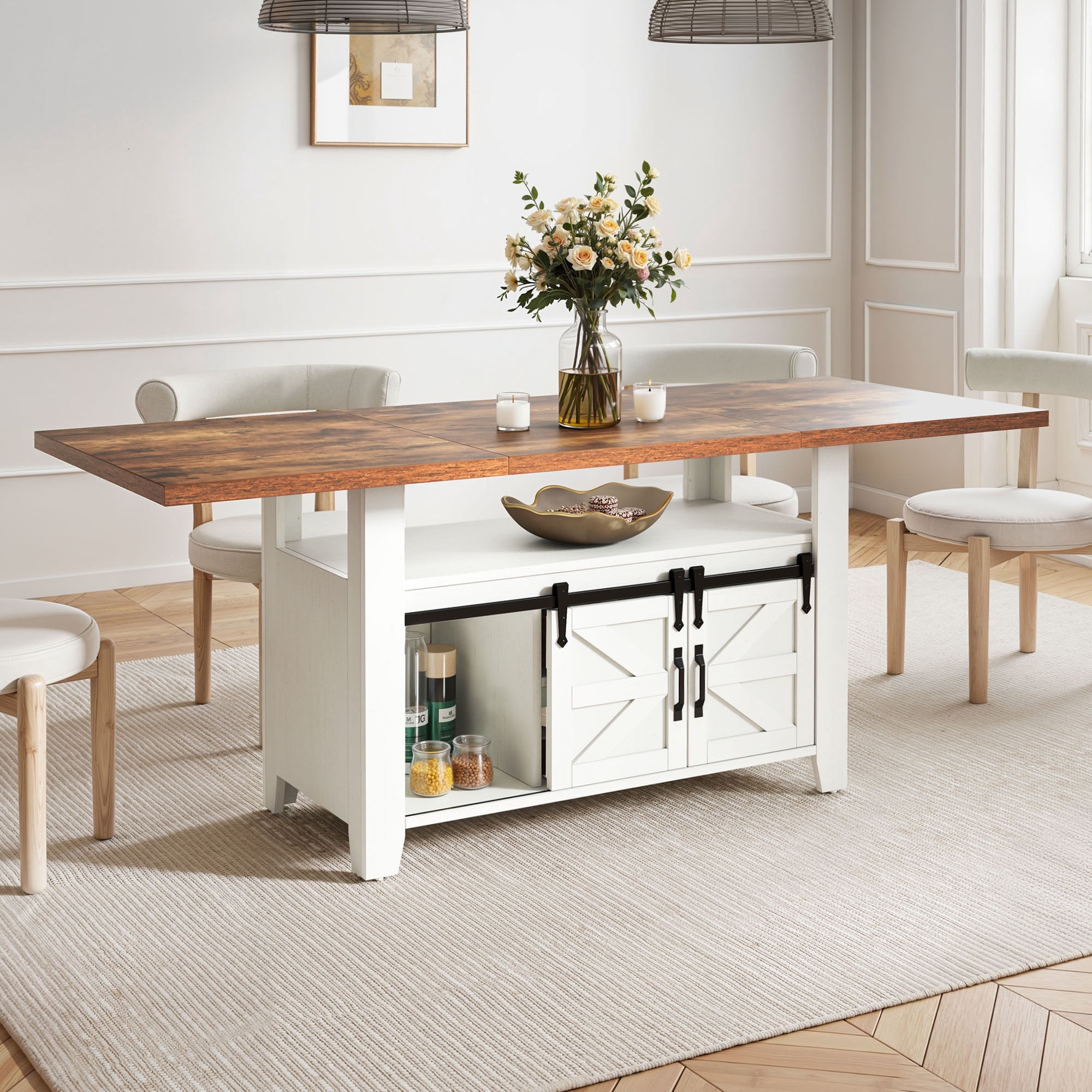 Uforic 70" Farmhouse Dining Table for 6-8 People, Rectangle Kitchen Table with Storage Rack, White