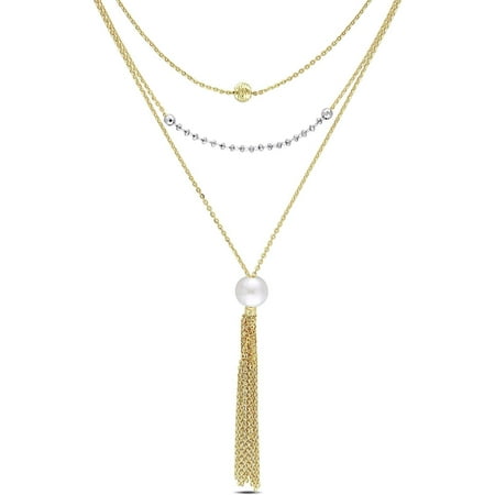 Miabella 8-8.5mm White Round Cultured Freshwater Pearl Yellow Rhodium over Sterling Silver Multi-Chain Necklace, 17