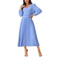 thumbnail image 1 of Vestido plisado de mujer Inspire Chic con mangas largas abullonadas, escote en V y cinturón en la cintura, color azul M, 1 of 5