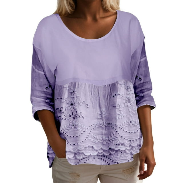Womens Long Sleeve T Shirts Tops Trendy Casual Ruffled Crewneck With Pattern Design Fall Clothes for Women Tees Blouses Purple S