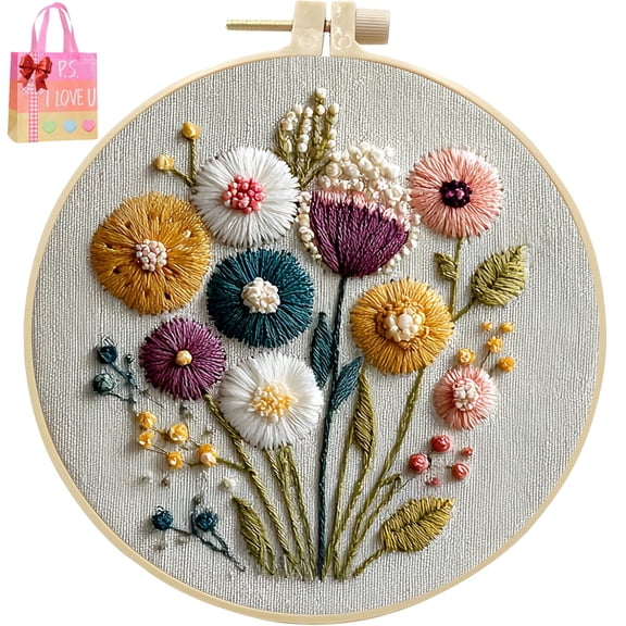 Embroidery Kit for Beginners and Adults, DIY Hand Embroidery Starter Kit with Cute Pattern, Cross Stitch Needlepoint Set with Hoop, Threads and Instructions (A)