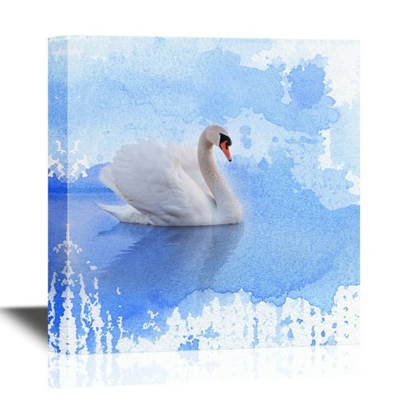 wall26 Canvas Wall Art - A White Swan on Blue Watercolor Style Background - Gallery Wrap Modern Home Art | Ready to Hang - 16x16 inches