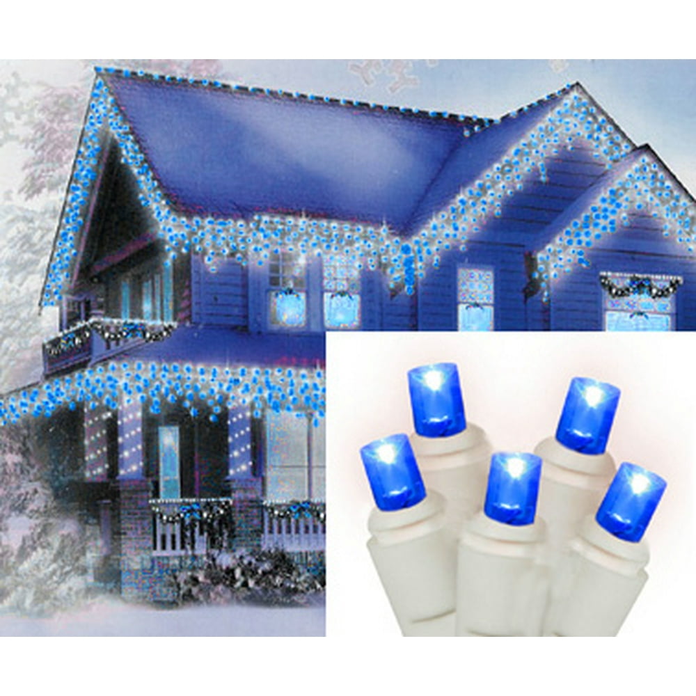 Set of 70 Blue LED Wide Angle Icicle Christmas Lights - White Wire