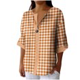 thumbnail image 3 of Craaazy Women Plus Size Tops Loose Fit Plaid V Neck Single Button 3/4 Sleeve Casual Shirts for Daily Wear Gift, 3 of 5