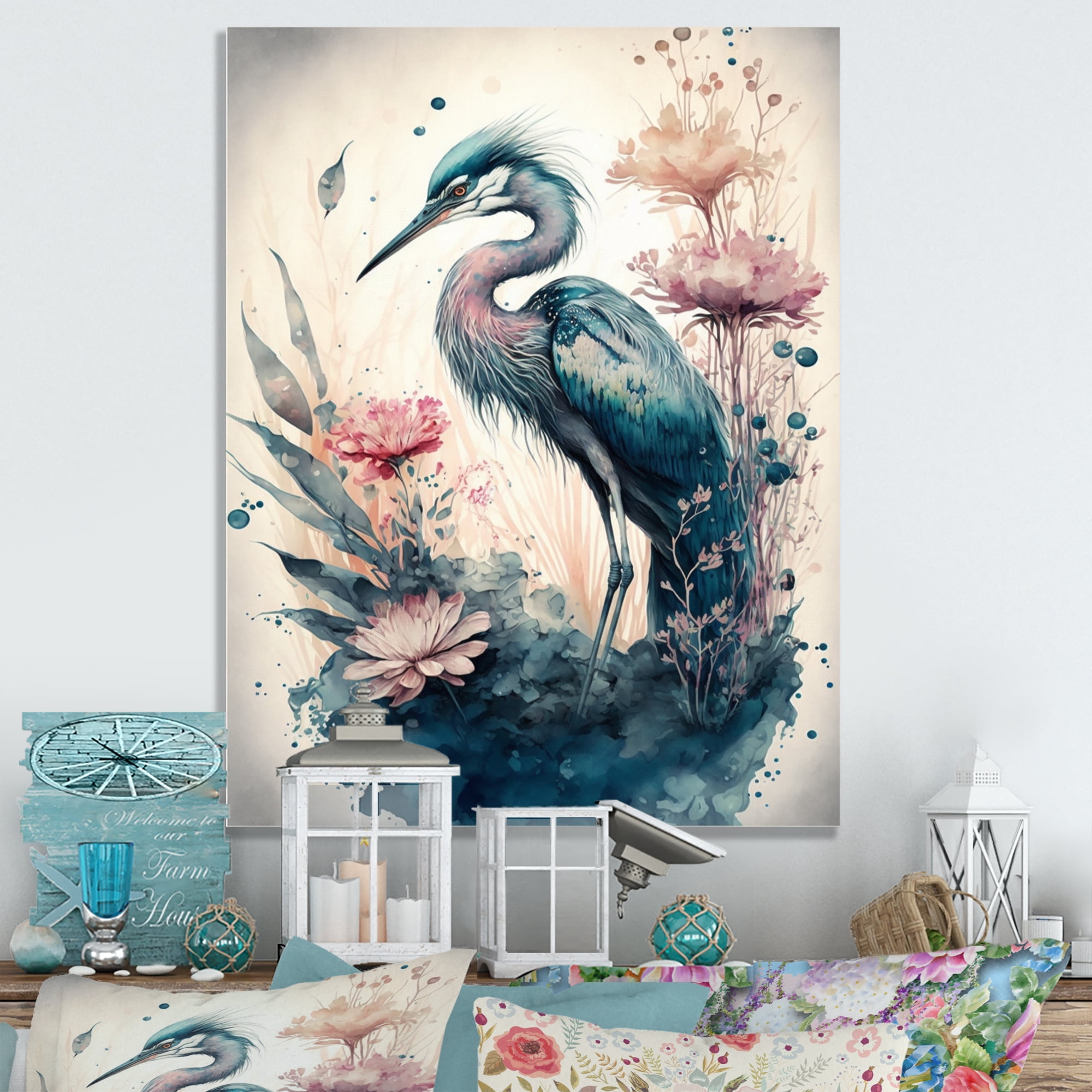 Designart Cute Heron Floral Art VI Canvas Wall Art