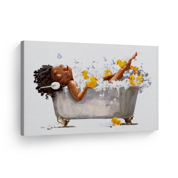 Curly Girl Afro African American Kid Girl Taking Bubble Bath with Ducks Watercolor Painting CANVAS PRINT Kids Room Nursery Decor Wall Art Black Kid Baby Art Home Decor Ready to Hang - 28x19