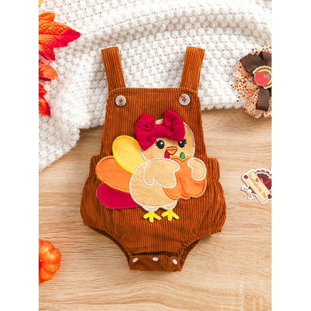 

Mama s sunshine Baby Thanksgiving Romper Turkey Embroidery Sleeveless Overalls Bodysuit Newborn Fall Clothes