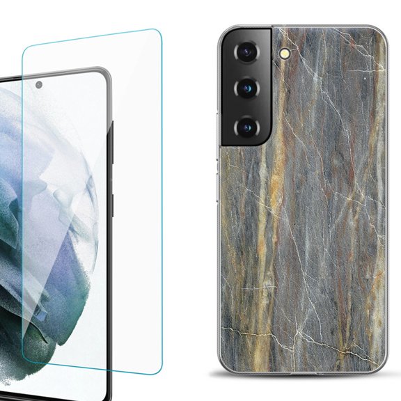 Slim-Fit Fashion Gel Phone Case for Samsung Galaxy S22  5G / S22 Plus 5G, with Tempered Glass Screen Protector, by OneToughShield ® - Marble/Camo