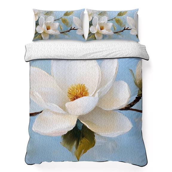 White Floral 3 Piece Quilt Bedding Set with 2 Pillow Shams, Magnolia Leaf Plant Lightweight Bedspread Coverlet, Soft Breathable All Season Quilt, 68 x 86 Inch