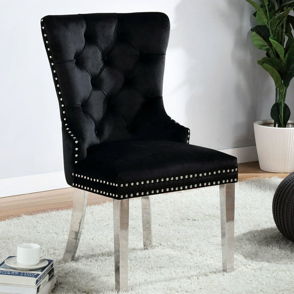 Of 2 Black Flannelette Wingback Chairs For Dining, Upholstered Seat, Legs Dining Chairs, Wingback, Studded Trim,