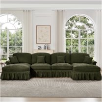 JERFIT 4-Seater Modular U-Shaped Sectional Sofa with 2 Ottomans, Convertible Flared Arm Sofa Couch with Removable Ruffle Skirt, Chenille Fabric, Deep Seating, Green Living Room Furniture