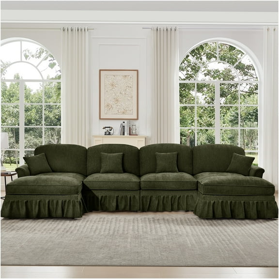 JERFIT 4-Seater Modular U-Shaped Sectional Sofa with 2 Ottomans, Convertible Flared Arm Sofa Couch with Removable Ruffle Skirt, Chenille Fabric, Deep Seating, Green Living Room Furniture