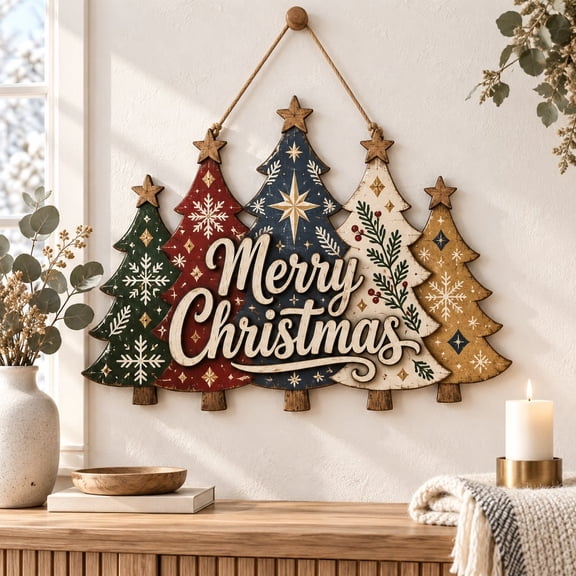 Door Hanger, Merry Christmas Tree Wooden Sign for Farmhouse Winter Decor