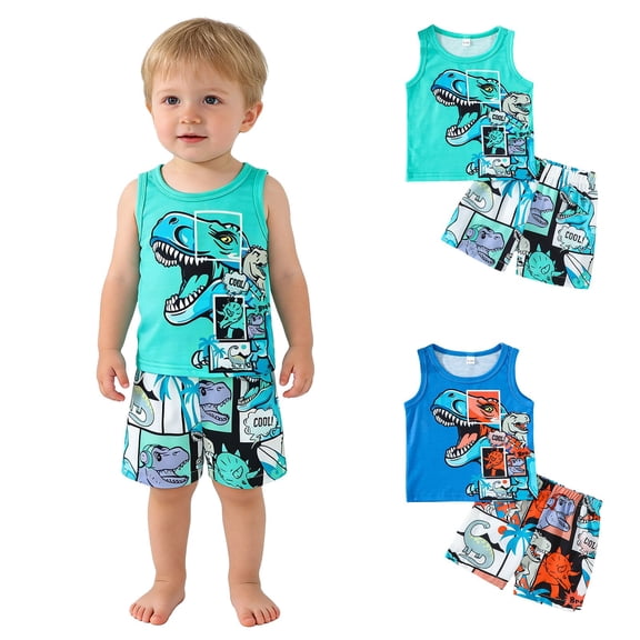 RTKFRFLM Boys Dinosaur Print Tank Top and Shorts Set Summer Lightweight Casual Outfit with Elastic Waist