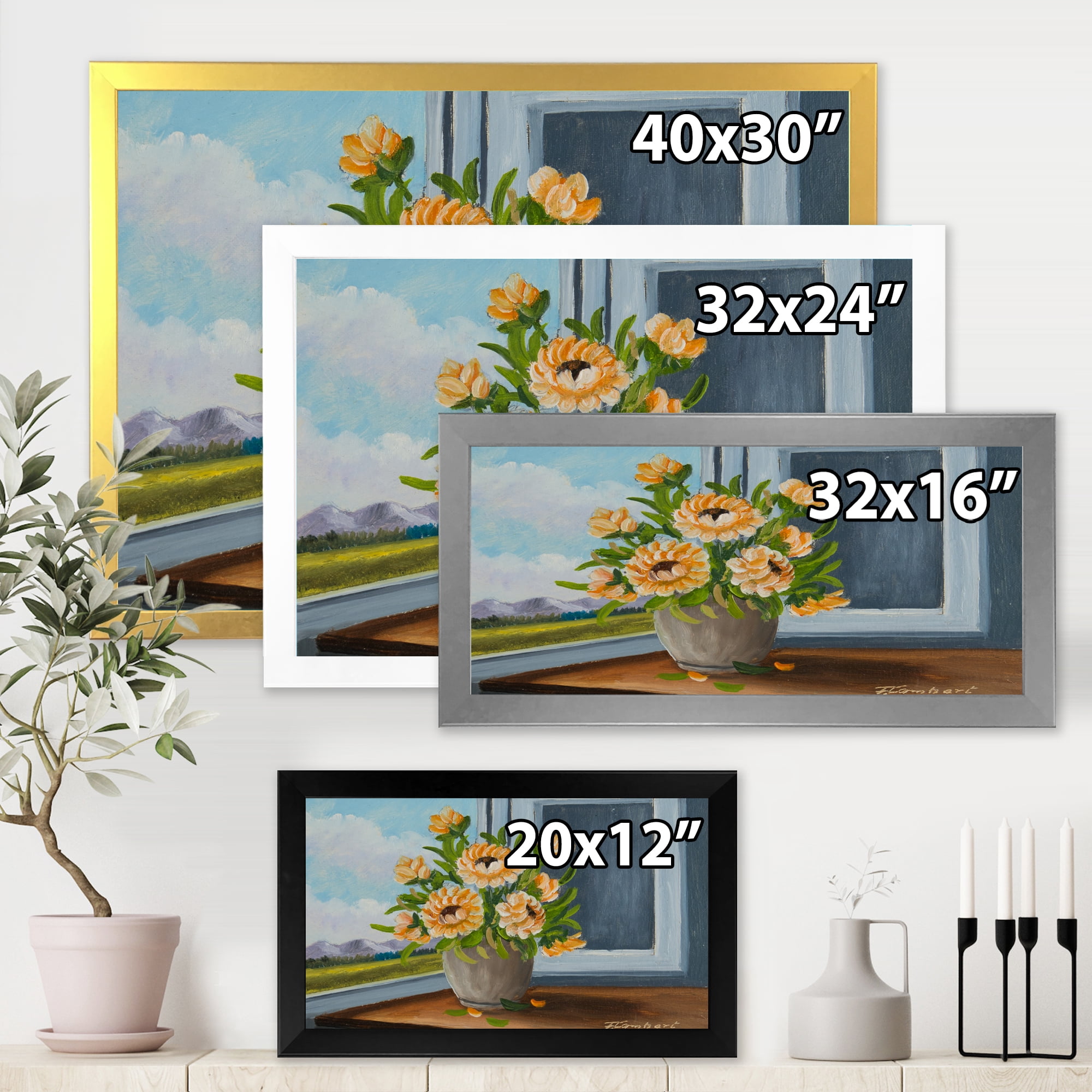 Designart 'Still Life With Orange Flowers In Vase At The Window' Traditional Framed Art Print