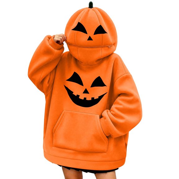 VEKDONE Cute Halloween Hoodies for Women Funny Pumpkin Mask Long Sleeve Sweatshirt | Fashion Pumpkin Halloween Costume,Spooky Halloween Print Oversized Hoodie with Pocket,Cute Party Sweatshirts