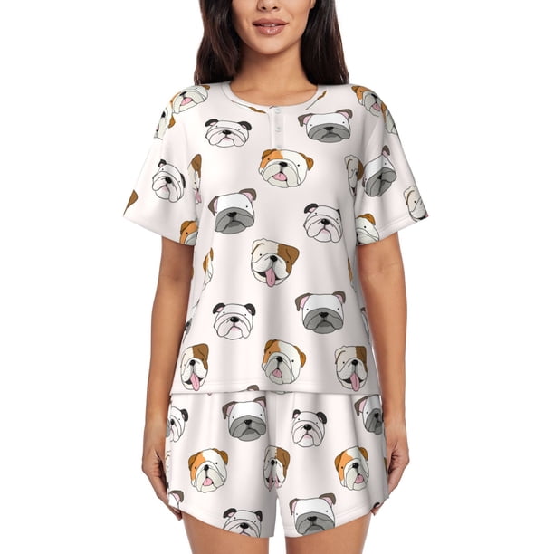 Fotbe Bulldog Face Conjunto de Pijama Estampado para Mujer, 2 Piezas, Ropa de Dormir con Camiseta de Manga Corta y Shorts Suaves-4X-Large