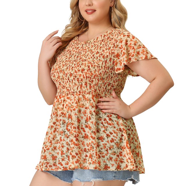 GRACE & GRANDEUR Blouses en Mousseline pour Femmes Grande Taille à Manches Évasées, Taille Smock, Col Rond, Petites Fleurs, Hauts à Basque