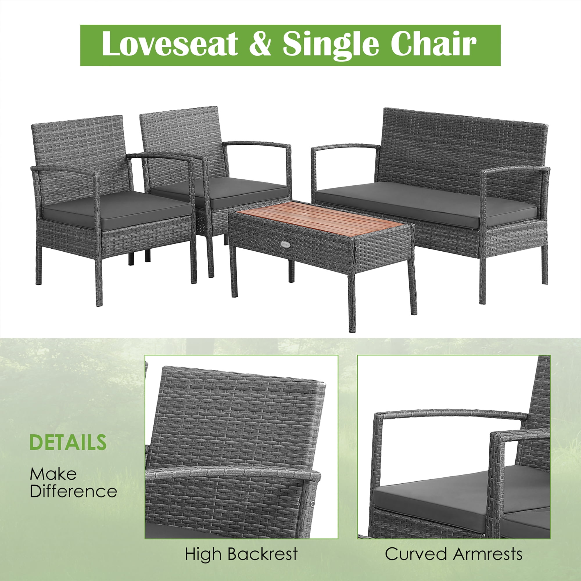 Costway 4-Piece Rattan Patio Furniture Set with Cushioned Chairs and Wooden Tabletop, Gray