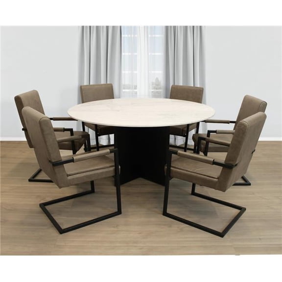 Moti Terrain60-94011058-6 60 in. Dining Set with Round Dining Table & 6 Leather Arm Chairs - Antique Gray - 7 Piece