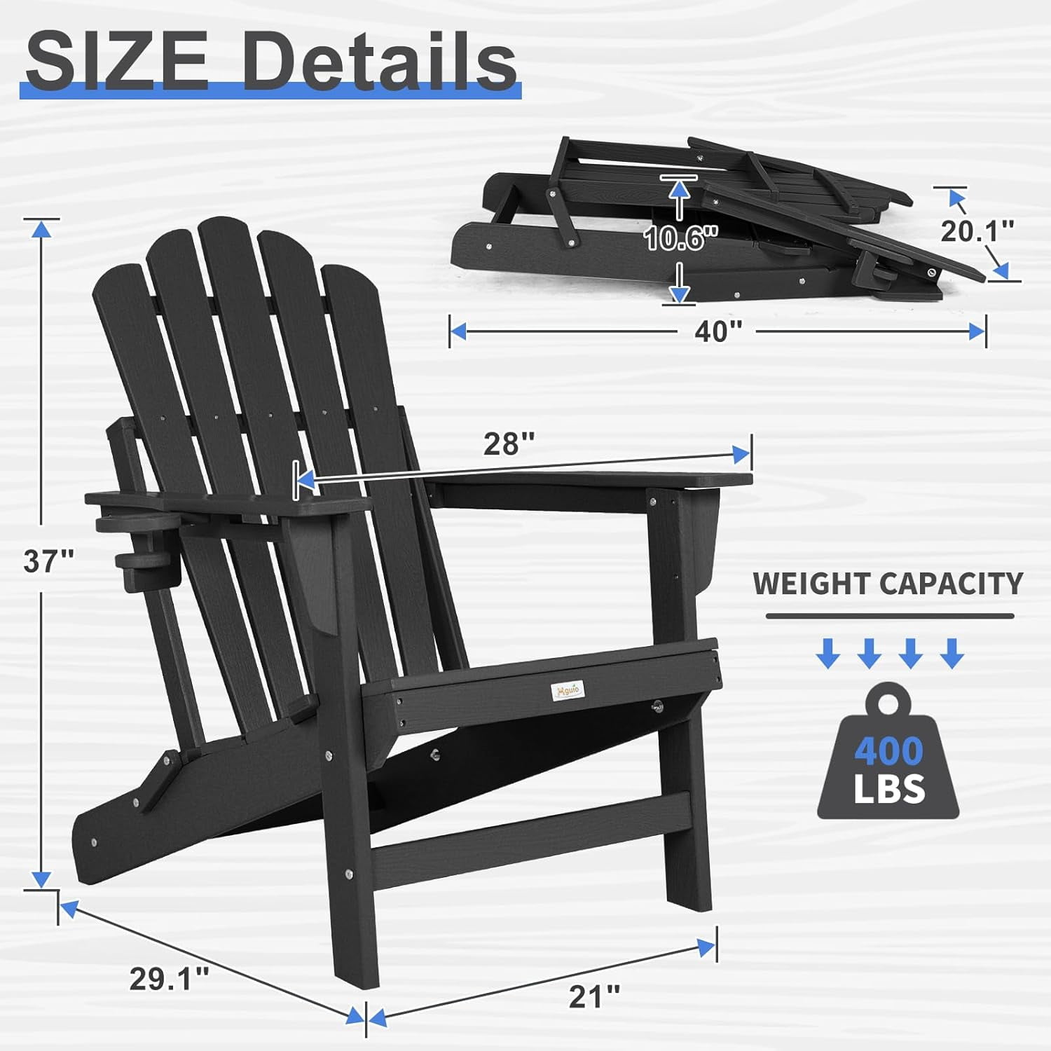 Folding Adirondack Chair, All Weather Wood Texture Fire Pit Chairs with Cupholder for Outside