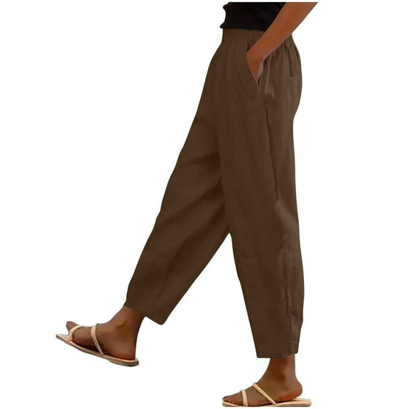 REALiKUN Linen Pants Women Summer High Elastic Waist Drawstring Palazzo Pants Straight Leg Slacks with Pockets