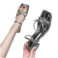 thumbnail image 3 of WIZUTIZ Block Heel Sandals for Women Comfortable Sandals for Women Dating Comfortable Stretch Bow Tie Sandals Pull-On Square Toe Shoes Low Heel (1"-2") Medium Solid Sandals for Ladies Weekend Silver, 3 of 3