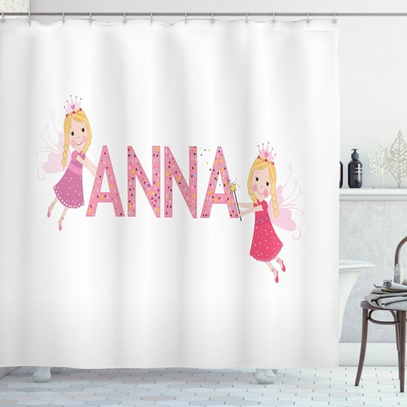 Anna Shower Curtain, Traditional Nursery Themed Lettering with Colorful Dots with Fairies Female Children, Fabric Bathroom Set with Hooks, 69W X 70L Inches, Multicolor, by Ambesonne