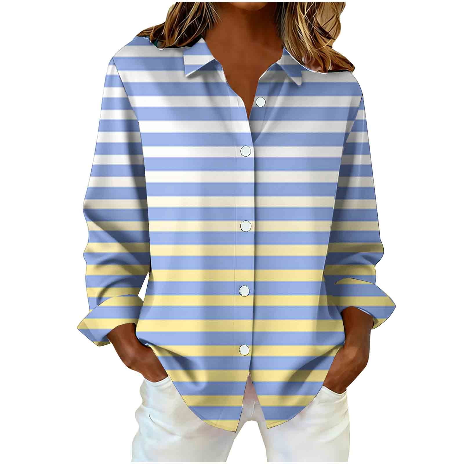 2 Pack ylioge Shirts for Women Plus Size S-5X Long Sleeve Button-Down Collared Blouses Womens Trendy Stripe Printed Breathable Hawaiian Beach Tops